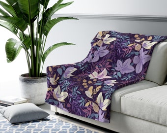 Manta de forro polar sherpa con flores violetas y moradas, regalo de Navidad, color de nacimiento de febrero, funda de viaje vintage con motivos florales retro, regalo con vibraciones navideñas