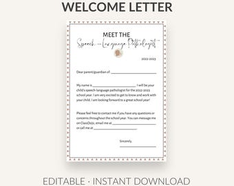 Editable Welcome Letter | Meet the Speech-Language Pathologist Template | Back to School SLP Form