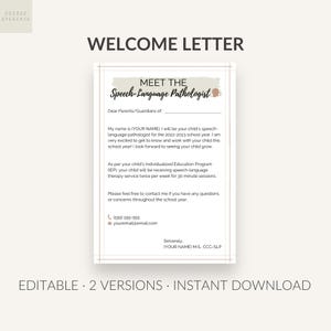 Carta de bienvenida editable / Plantilla para conocer al logopeda / Formulario de regreso a clases