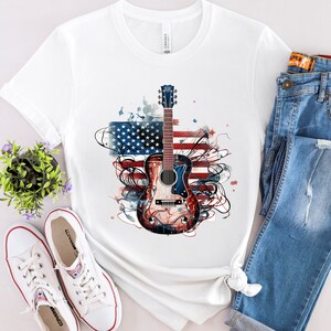 American Flag Guitar T-shirt, USA Guitarist Shirt, Rock and Roll Music Art, Guitar Player Gift, Guitar Teacher Gift, Patriotic Musician Tee