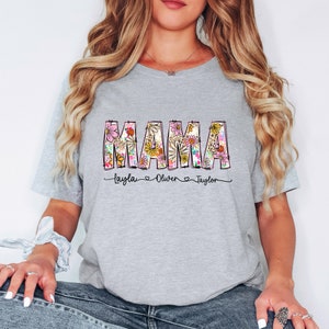 Custom Floral Mama Shirt With Kids Names, Mother&#39;s Day Shirt, Personalized Mama T-shirt, Custom Mama Shirt, New Mom Gift, Flower Mama Shirt