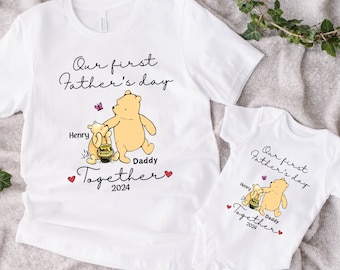 Custom Winnie The Pooh Our First Father's Day Shirt, Custom Baby and Daddy Tee, Together 2025 Toddler Shirt, First Father's Day Sweatshirt
