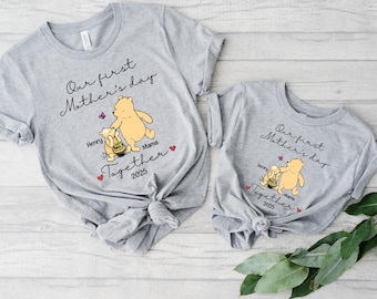 Custom Winnie The Pooh Our First Mother's Day Shirt, Christmas For Gift, Custom Baby and Mommy Tee, Together 2025 Toddler Shirt, Mama And Me