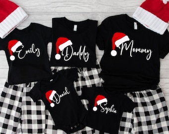 Custom Christmas Family Shirts, Matching Family Santa Hat Shirts, Personalized Name Christmas Group Sweatshirt, Christmas Gifts