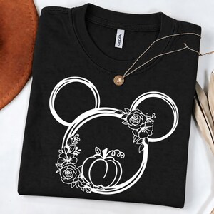 Floral Pumpkin Mouse Ears Shirt, White Botanical Line Art T-Shirt, Autumn Graphic Tee, Pumpkin Patch Outfit, Thanksgiving Shirt