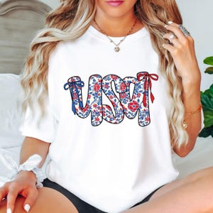 Comfort Colors® Coquette USA T-shirt, 4th of July Shirt Women, Stars Stripes USA Flag Shirts, Floral Patriotic Shirt, Red White Blue