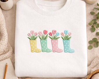 Embroidered Tulip Rain Boots Sweatshirt, Hoodie, Cute Floral Spring Crewneck, Pastel Cottagecore Flower Shirt