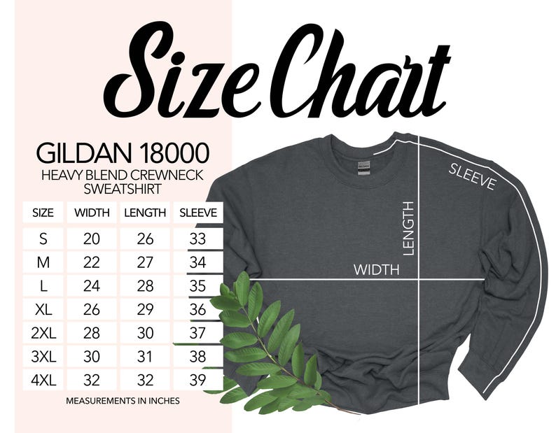 Op de afbeelding: Een maattabel voor een Gildan 18000 heavy blend crewneck sweatshirt. De tabel toont afmetingen in inches voor maten S tot 4XL, inclusief breedte, lengte en mouwlengte. Een donkergrijs sweatshirt wordt weergegeven met meetlijnen.