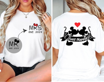 Custom Two Sided Mr and Mrs Shirts, Disney Honeymoon Couple Shirt, Just Married T-shirt, Disney Wedding Sweatshirt, Disneyland Vacation