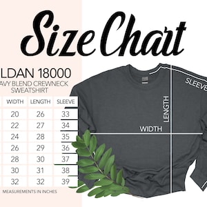 Op de afbeelding: Maattabel voor een Gildan 18000 heavy blend crewneck sweatshirt. De tabel toont de afmetingen in inches voor breedte, lengte en mouwlengte voor maten S tot en met 4XL.