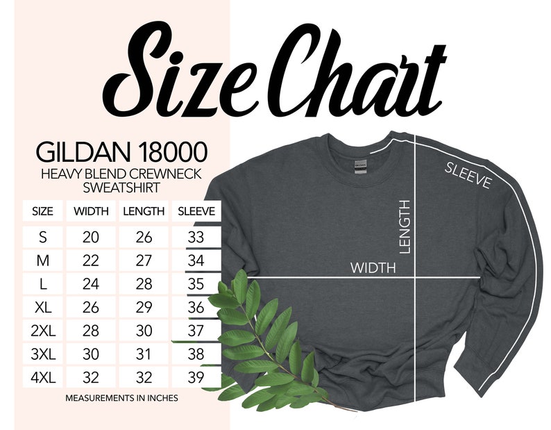 Op de afbeelding: Maattabel voor een Gildan 18000 heavy blend crewneck sweatshirt. De tabel toont de afmetingen in inches voor breedte, lengte en mouwlengte voor maten S tot en met 4XL.