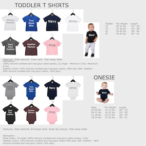Op de afbeelding: Productafbeelding met T-shirts en rompertjes voor peuters in verschillende kleuren, waaronder wit, marineblauw en roze. De shirts hebben zijnaden en ronde of envelop halslijnen. Maat- en gewichtsdetails zijn ook opgenomen.