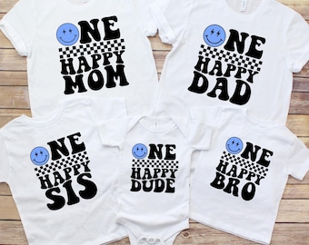Birthday Family Shirts, Blue One Happy Dude Shirt, Birthday Smile Face Matching Shirt, One Happy Mama Shirt, One Happy Daddy Shirt