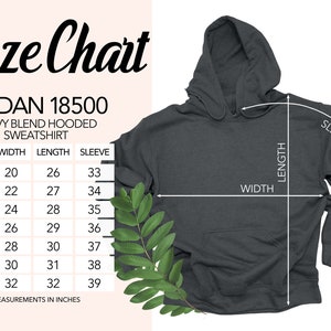 Op de afbeelding: Maattabel voor een Gildan 18500 heavy blend hooded sweatshirt. De tabel toont de afmetingen in inches voor breedte, lengte en mouwlengte voor maten S tot en met 4XL.