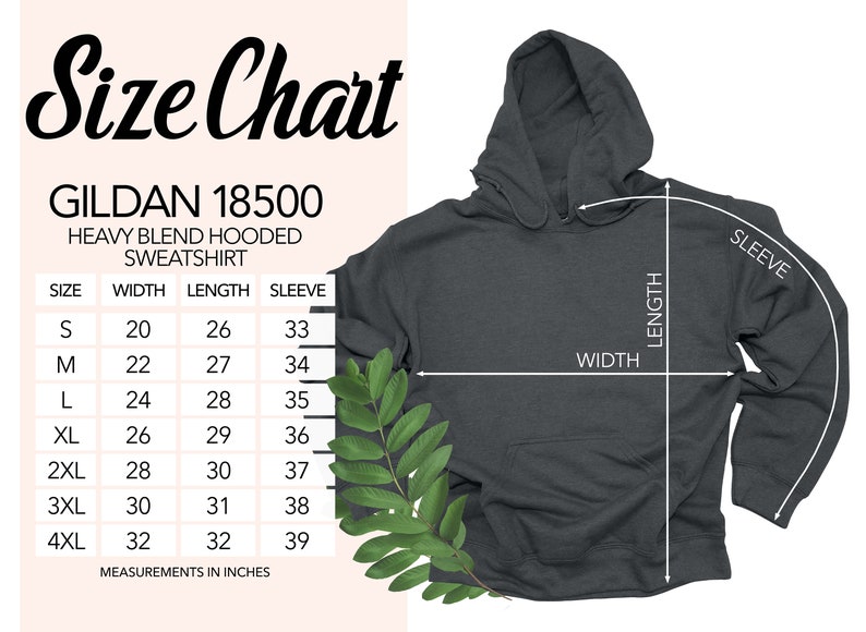 Op de afbeelding: Maattabel voor een Gildan 18500 heavy blend hooded sweatshirt. De tabel toont de afmetingen in inches voor breedte, lengte en mouwlengte voor maten S tot en met 4XL.