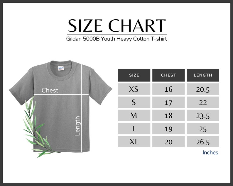 Op de afbeelding: Maattabel voor Gildan 5000B Youth Heavy Cotton T-shirt. De tabel toont maten XS tot en met XL met de bijbehorende borst- en lengtemaat in inches.