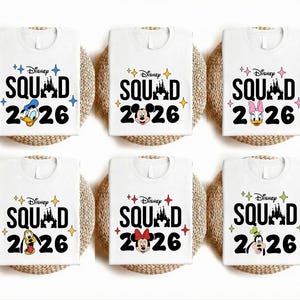 six white t-shirts with the Disney Squad logo and the year "2016" printed on them.