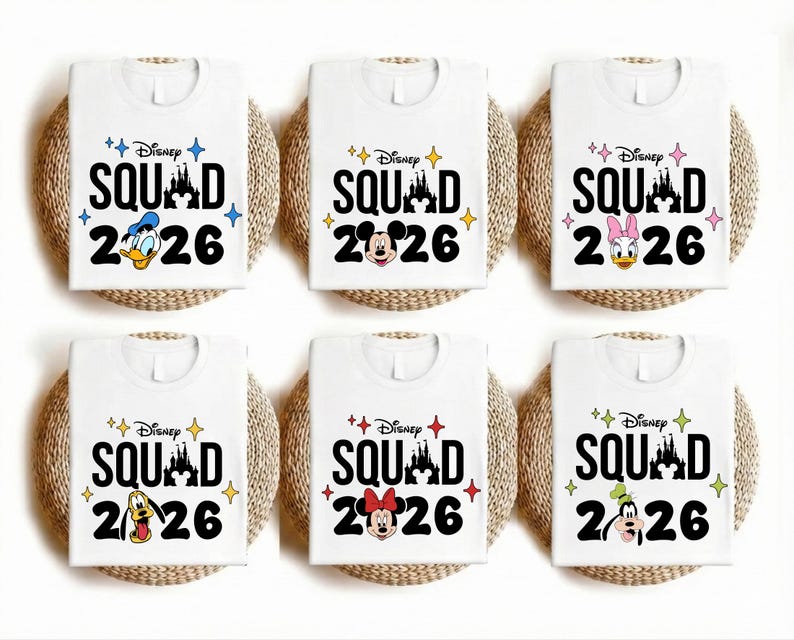 six white t-shirts with the Disney Squad logo and the year "2016" printed on them.