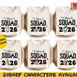 a collection of six white t-shirts with the Disney Squad logo and the year "2026" printed on them. The t-shirts feature various Disney characters, including Minnie Mouse, Donald Duck, and Mickey Mouse. The t-shirts are arranged in a grid, with each row containing three shirts. The text "Disney Squad" and "Disney 2026" is prominently displayed on the shirts, along with the Disney characters' names.