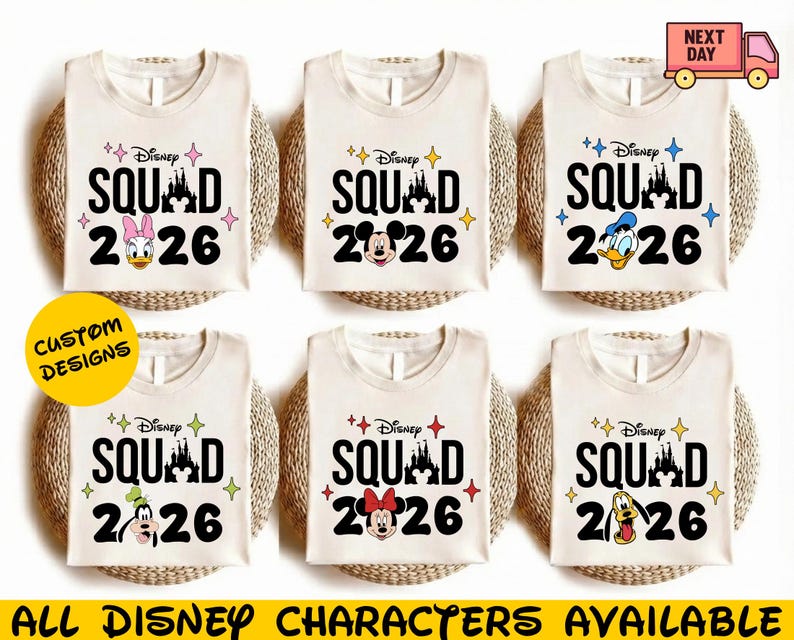 a collection of six white t-shirts with the Disney Squad logo and the year "2026" printed on them. The t-shirts feature various Disney characters, including Minnie Mouse, Donald Duck, and Mickey Mouse. The t-shirts are arranged in a grid, with each row containing three shirts. The text "Disney Squad" and "Disney 2026" is prominently displayed on the shirts, along with the Disney characters' names.
