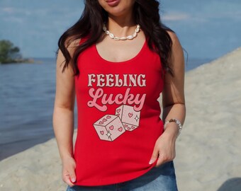 Feeling Lucky Tank Top, Dice Graphic Racerback Tank, Casual Summer Vibes Top