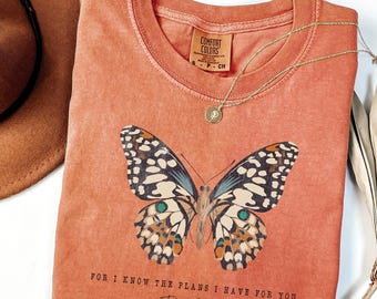 Comfort Colors® Butterfly Motivational Christian T-shirt, For I Know the Plans I Have for You T-shirt, Bible Verse Tee, Inspirational Quotes