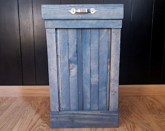 Bohemian Style Wood Trash Can, Denim Blue Trash Can, Wood Trash Bin, Boho Kitchen, Bohemian Kitchen Storage, Coastal Trash Bin, 13 Gallon