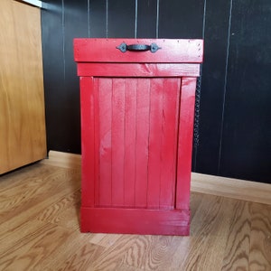 Handmade Red Reclaimed Wood Trash Can: Rustic Kitchen Bin