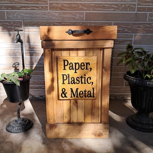 13 Gallon Wood Recycling Bin- Kitchen Garbage Can- Rustic Trash Can