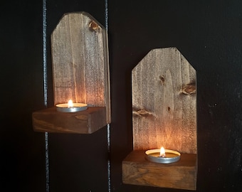 Rustic Bohemian Style Wall Mounted Wood Tea Light Candle Holders Set of 2