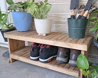 Banc rustique en bois de récupération : finition chêne doré, rangement pour chaussures pour enfants