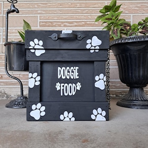 Handmade Reclaimed Wood Dog Food Container: Onyx Black with Paw Prints