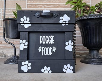 Handmade Reclaimed Wood Dog Food Container: Onyx Black with Paw Prints