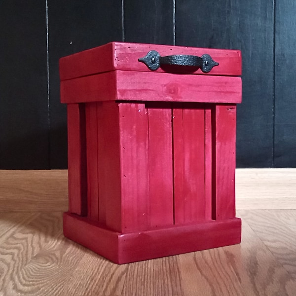 Wood Trash Can, Kitchen Trash Can, Country Kitchen Trash Bin, Red Trash Can, Garbage Can, Wood Dog Food Bin, Dog Food Container, Dog Proof