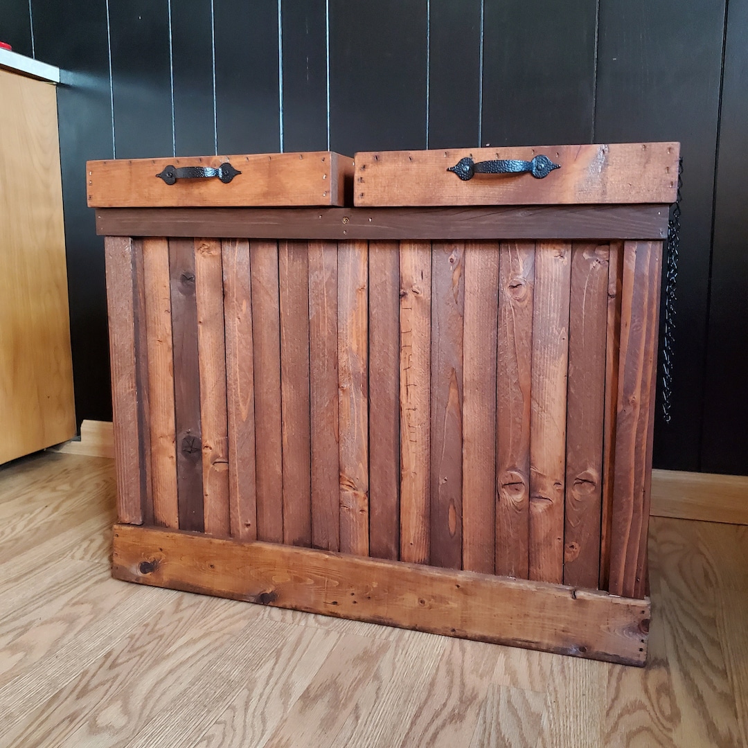 13 Gallon Double Sided Wood Trash Can, Rustic Wood Trash Bin, Wood Garbage Can, Recycling Bin