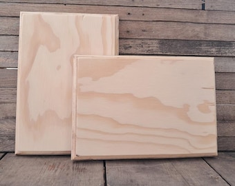 May include: Two unfinished wooden signs, one slightly larger than the other, with a natural wood grain. The signs are both rectangular and have a smooth surface.