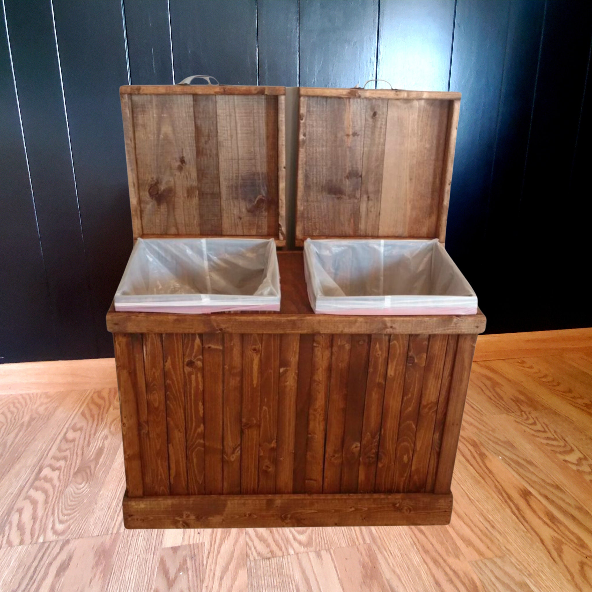 Dual Sided Wood Trash Can, Indoor Outdoor Bin, Rustic Kitchen Trash Can