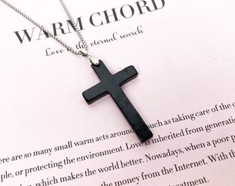 Shungite Cross Pendant: Natural Black Stone Necklace, Stainless Steel Chain