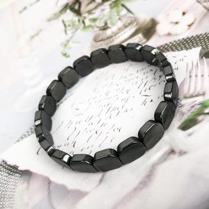 Hematite Bracelet – Natural Black Stone Square Bead Stretch Bracelet for Men & Women, Polished Gemstone Jewelry