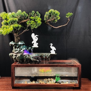 Zen Bonsai Water Fountain with Aquarium, LED Light Mist Maker Home Decor