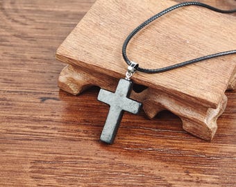 Shungite Cross Pendant: Natural Stone Necklace, Chakra Healing