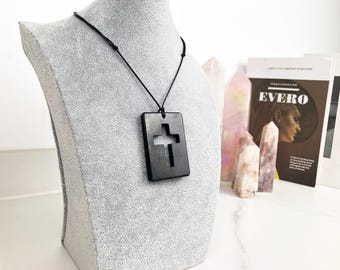 Natural Shungite Cross Pendant – Rectangular Cutout Necklace, Protective Healing Stone Jewelry for Men & Women