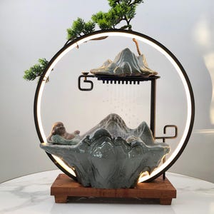 Zen Buddha Tabletop Water Fountain with LED Light, Mountain Waterfall Feng Shui Decor