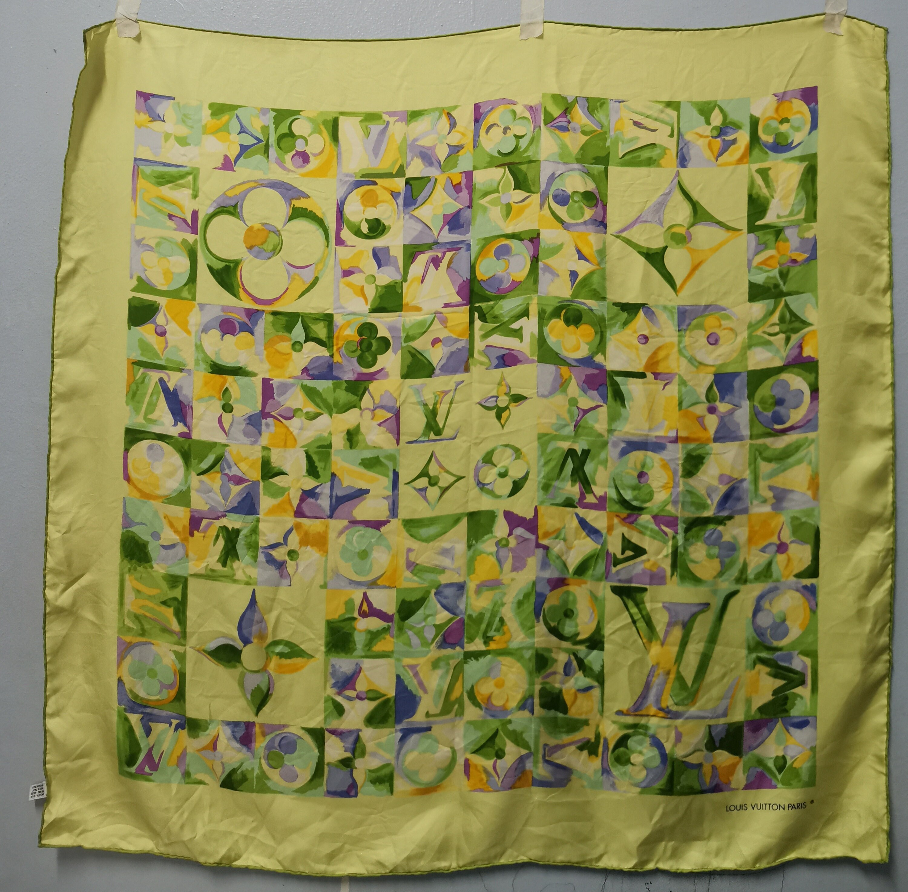 Authenticated Used Louis Vuitton Silk Scarf Muffler Rectangular Pattern  Light Blue x Green Women's LV 