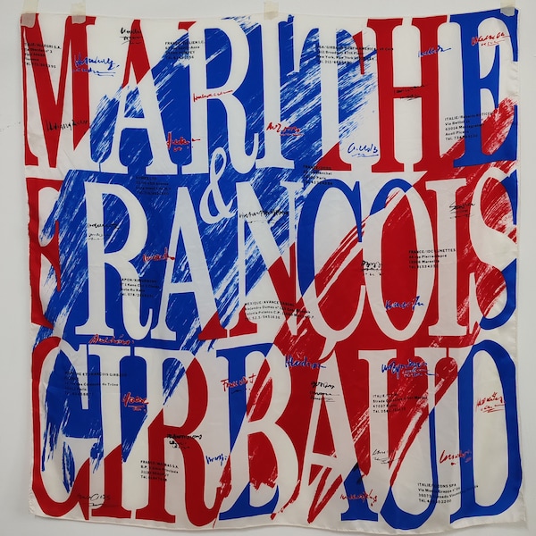 Marithe & Fraincoir Girbaud foulard vintage rare design foulard en soie 35 pouces libellé rouge bleu et blanc