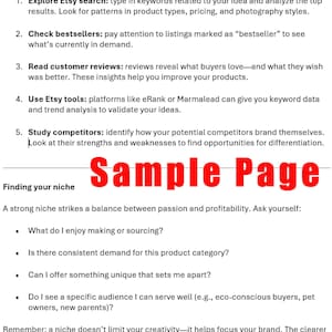 May include: A white page with black text detailing steps to research products on Etsy. The text includes instructions on exploring Etsy search, checking bestsellers, and studying competitors. A red banner reads "Sample Page".