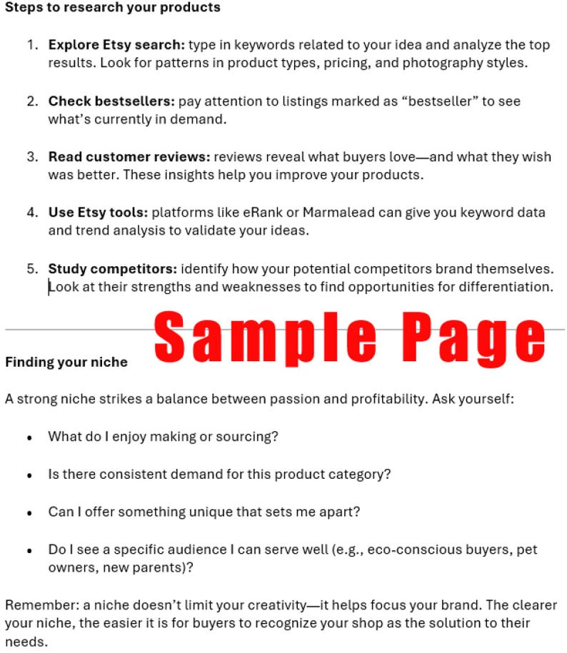 May include: A white page with black text detailing steps to research products on Etsy. The text includes instructions on exploring Etsy search, checking bestsellers, and studying competitors. A red banner reads "Sample Page".