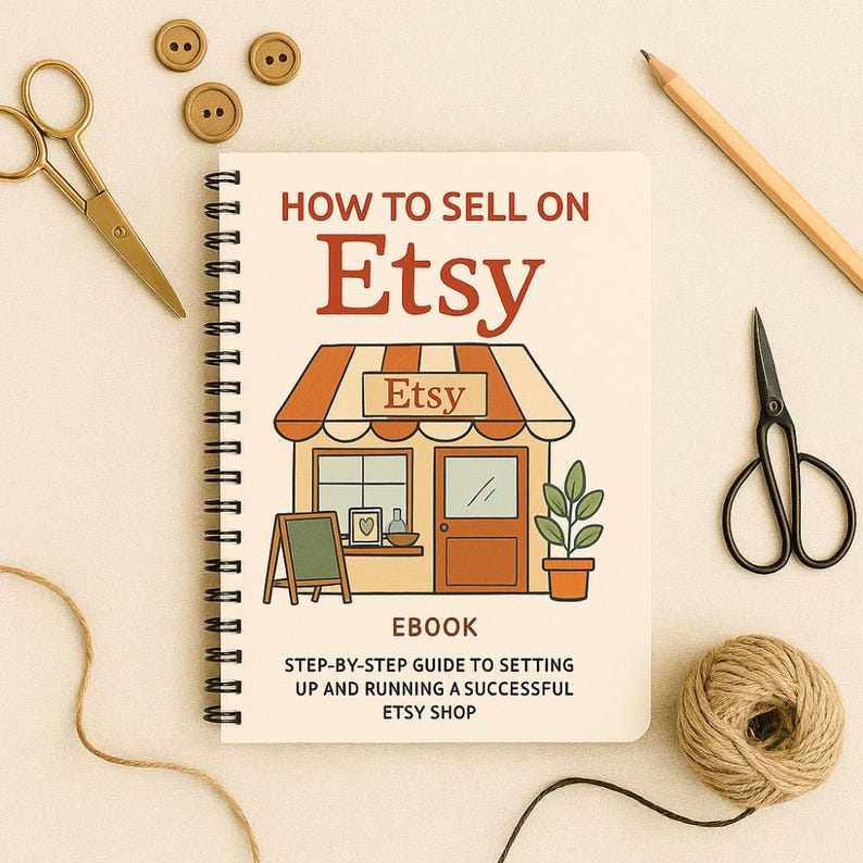 May include: A spiral-bound notebook titled "HOW TO SELL ON Etsy" with an illustration of an Etsy shop. The cover also includes the text "EBOOK" and "STEP-BY-STEP GUIDE TO SETTING UP AND RUNNING A SUCCESSFUL ETSY SHOP". Gold scissors, a pencil, buttons, and twine are also in the image.