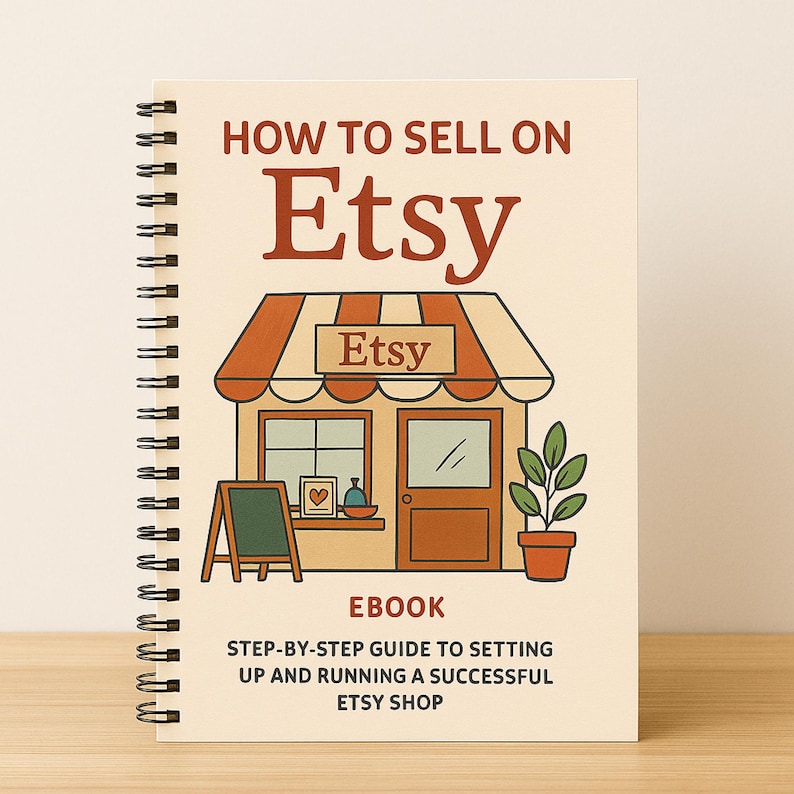 May include: A spiral-bound notebook with the title "HOW TO SELL ON Etsy" in brown letters. The cover features a cartoon shop with the Etsy logo, a small chalkboard, and a potted plant. The text "EBOOK" and "STEP-BY-STEP GUIDE" are also visible.