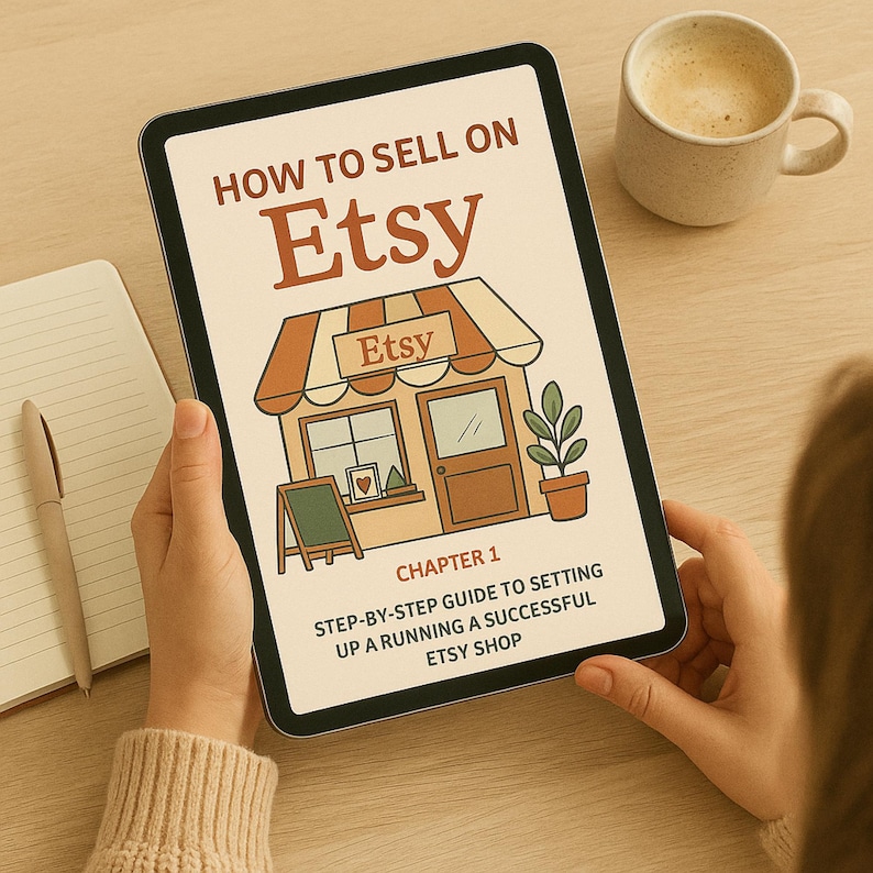 May include: A tablet displaying the title "HOW TO SELL ON Etsy" with an illustration of an Etsy shop. The image includes the text "CHAPTER 1 STEP-BY-STEP GUIDE TO SETTING UP A RUNNING A SUCCESSFUL ETSY SHOP". A cup of coffee and a notepad are also visible.